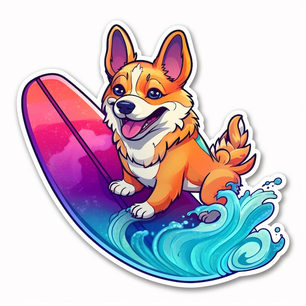 Um adesivo de um cachorro em uma prancha de surf que diz corgi nele.