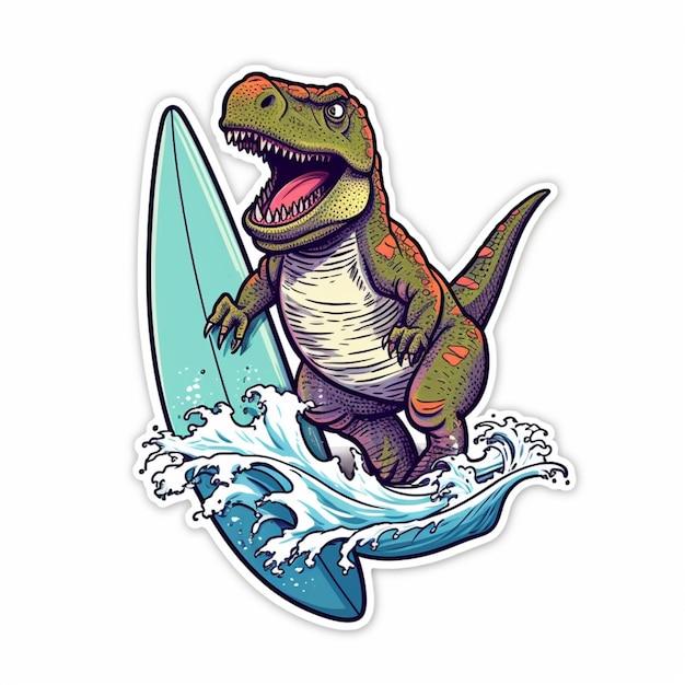 Um adesivo de um dinossauro em uma prancha de surfe com a palavra t-rex.