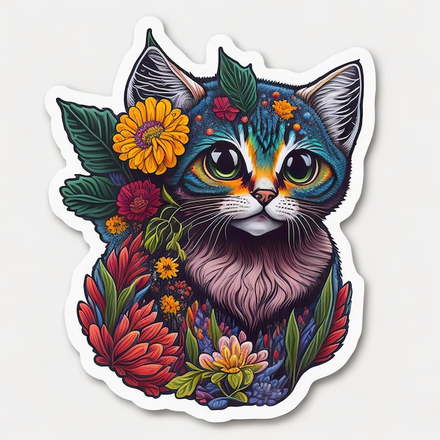Um adesivo de um gato com flores