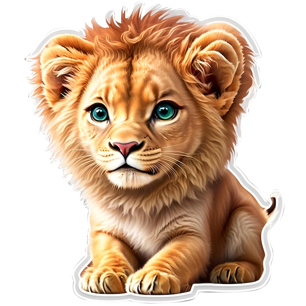 Um adesivo de um leão com olhos azuis é mostrado.