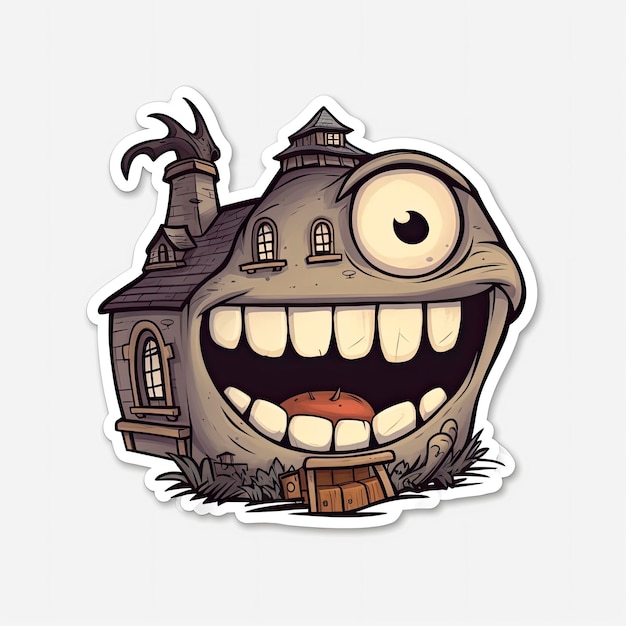Um adesivo de uma casa com um grande monstro nela