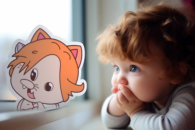 Um adesivo de uma criança assistindo desenhos animados em um design criativo linha em negrito estilo kawaii bonito