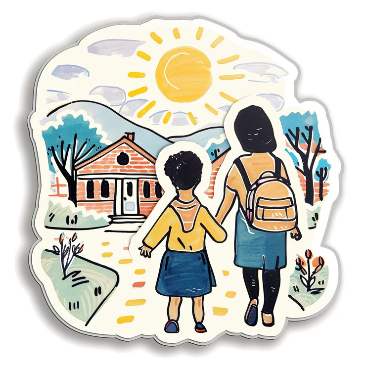 Foto um adesivo em fundo branco mostrando uma criança caucasiana e uma mãe entrando em uma escola