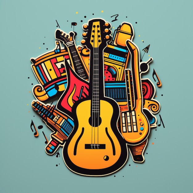 Um adesivo representando diferentes instrumentos musicais