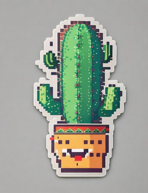 Um adesivo retrô pixelizado de um cacto sorridente com um sombrero