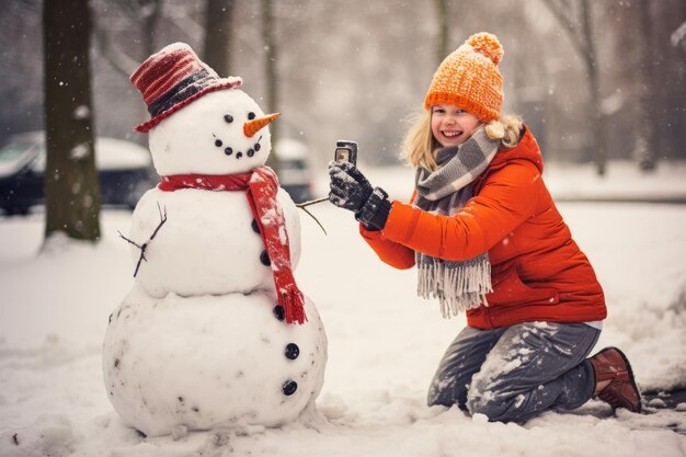 Um adolescente alegre em um país das maravilhas de inverno capturando uma selfie memorável com um criativamente construído