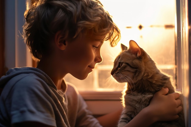 Um adolescente compartilhando segredos com seu curioso gato malhado no parapeito de uma janela