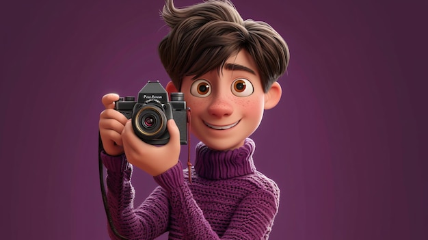 Um adolescente de desenho animado vibrante e criativo captura momentos com uma câmera impressionante vestindo uma suéter roxo ameixa da moda esta ilustração de headshot 3D irradia energia e paixão juvenil