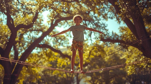 Um adolescente equilibrando-se entre papel de parede