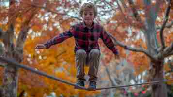 Foto um adolescente equilibrando-se entre papel de parede