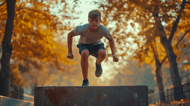 Um adolescente fazendo uma caixa pliométrica salta como parte do papel de parede