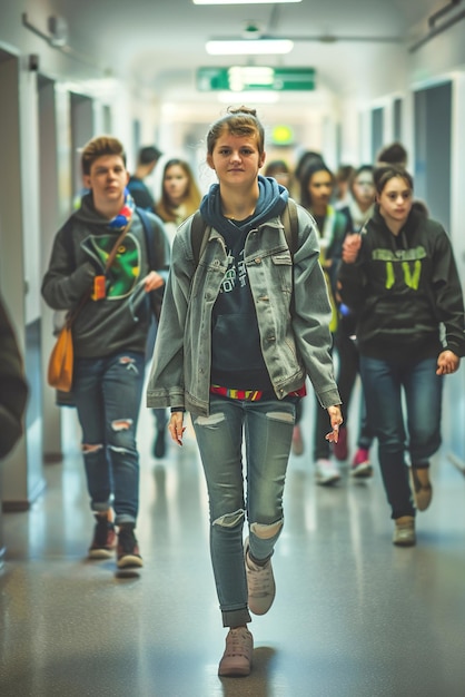 Um adolescente genderqueer caminha com confiança pelo corredor da escola cercado de amigos que o apoiam e