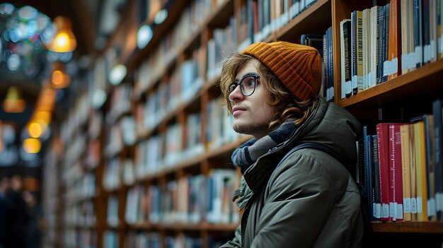 Um adolescente inteligente abraçando o conhecimento na biblioteca da universidade