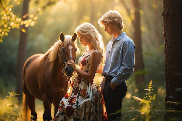 Um adolescente loiro e uma menina vestida com vestido esvoaçante sentam-se em um cavalo na floresta de outono, criação de cavalos