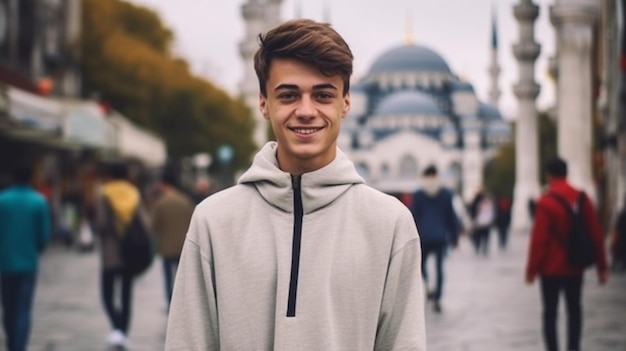 Um adolescente muçulmano turco muito bonito e sorridente fica em frente à mesquita