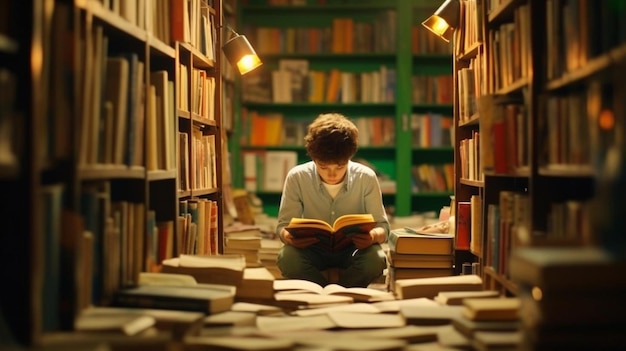 Foto um adolescente numa biblioteca está a ler livros.