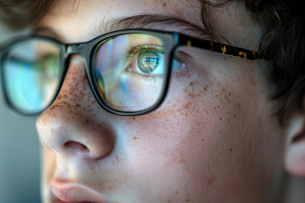 Foto um adolescente preocupado com um reflexo nos óculos.