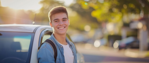 Um adolescente radiante com um sorriso caloroso de pé perto de um carro em um subúrbio ensolarado