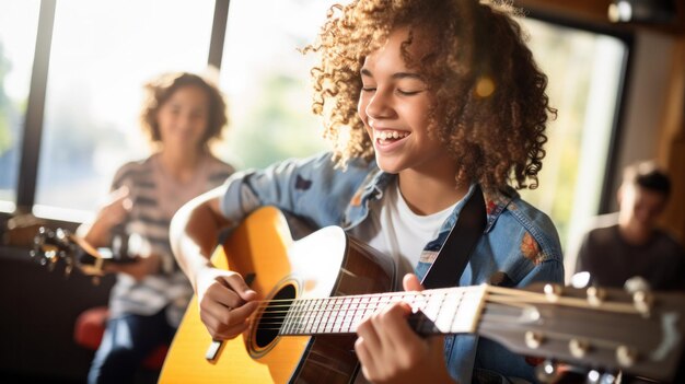 Foto um adolescente sorridente tocando violão em uma sala iluminada pelo sol