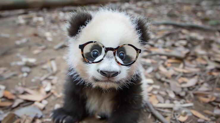 Foto um adorável bebê panda usando óculos com bordas de chifres senta-se em uma cama de folhas e olha para a câmera com uma expressão curiosa