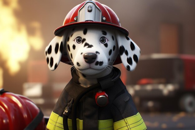 Foto um adorável cachorrinho dalmático com equipamento de bombeiro 00611 03