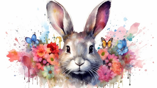 Um adorável coelho cinza fofo com orelhas rosa é retratado Generative AI