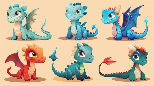 Um adorável elemento de dragão de desenho animado isolado em um fundo bege Estes dragões têm diferentes expressões em azul turquesa e vermelho claro