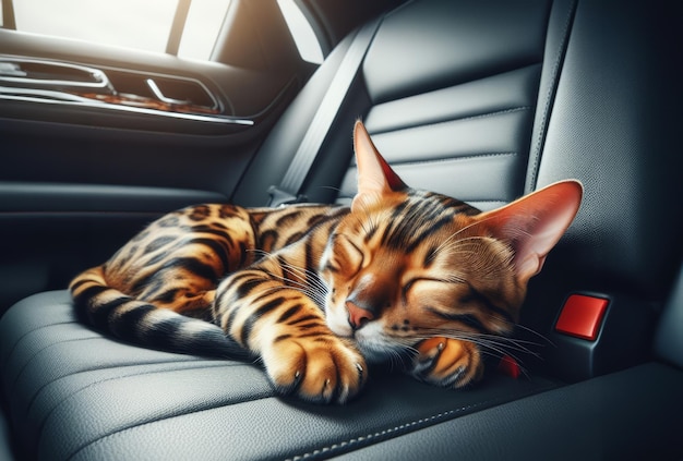 Um adorável gato bengal descansa sozinho no assento do passageiro sem portador dentro do carro quando viaja com o dono nas férias de verão