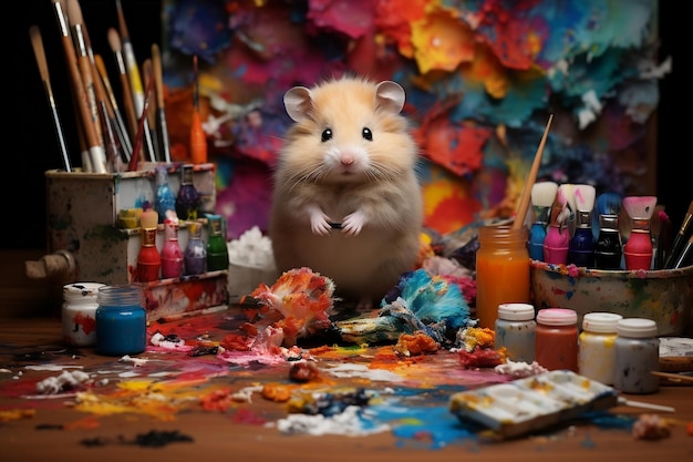 Um adorável hamster artista com uma variedade colorida de tintas Generative Ai