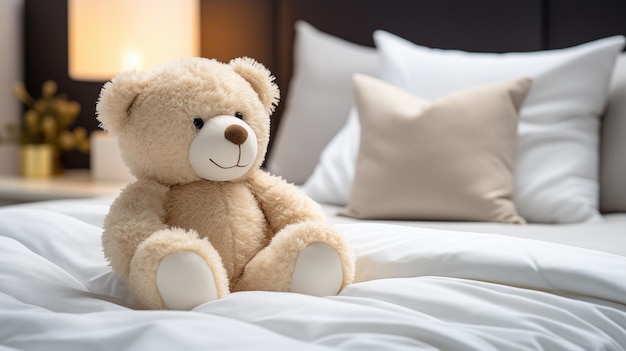 Um adorável ursinho de pelúcia bege sentado numa cama branca.