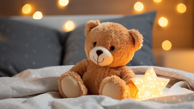 Um adorável ursinho de pelúcia castanho sentado na cama em uma luz bokeh quente