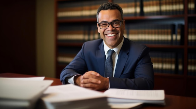 Foto um advogado de falência em meio a documentos financeiros sorri empaticamente