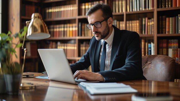 Um advogado focado e determinado senta-se atentamente em uma mesa elegante em seu escritório absorto em seu trabalho em um laptop A seriedade em sua expressão reflete sua dedicação a entregar