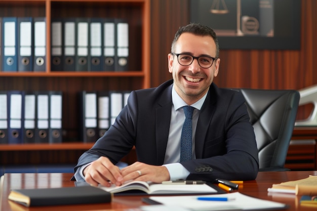 Um advogado sorridente sentado em sua mesa de escritório com um livro na frente dele