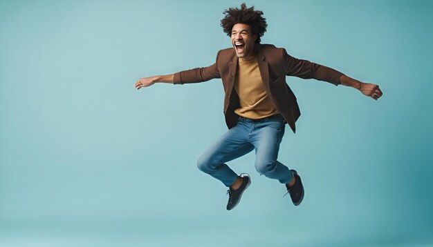 Um afro-americano alegre a saltar sobre um fundo azul.