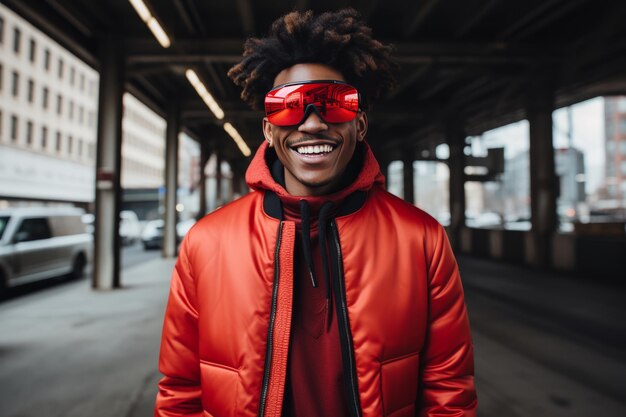 Foto um afro-americano feliz com um penteado elegante, grandes óculos de sol e casaco vermelho numa rua da cidade.