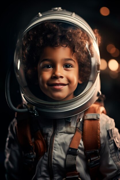 Um afro-americano vestido como astronauta a sorrir para a câmara.