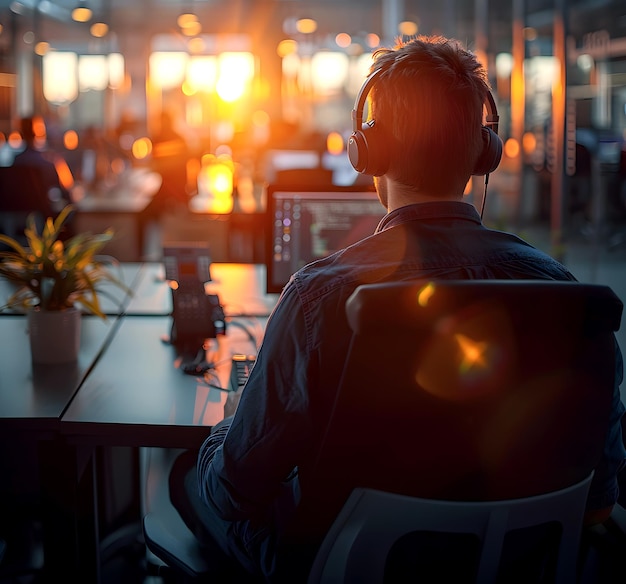 Foto um agente de call center usando fones de ouvido sentado em uma mesa