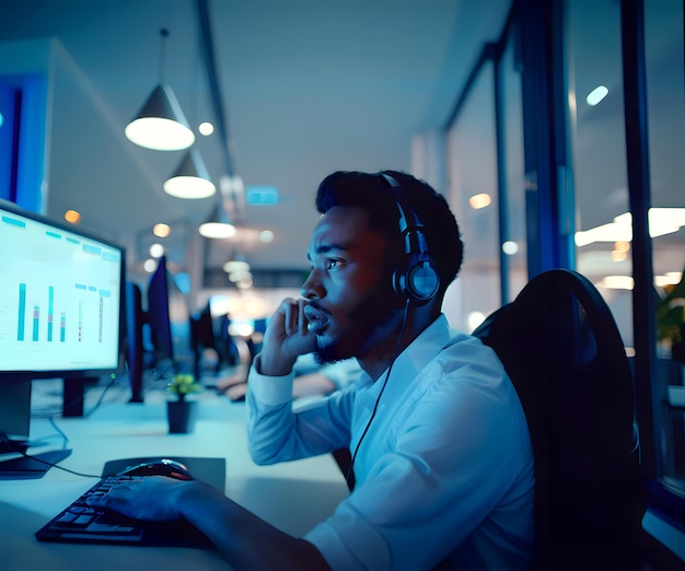 Um agente do centro de chamadas usando fones de ouvido sentado na frente de um monitor de computador e teclado