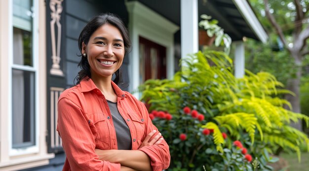 Um agente imobiliário feliz está em frente à casa.