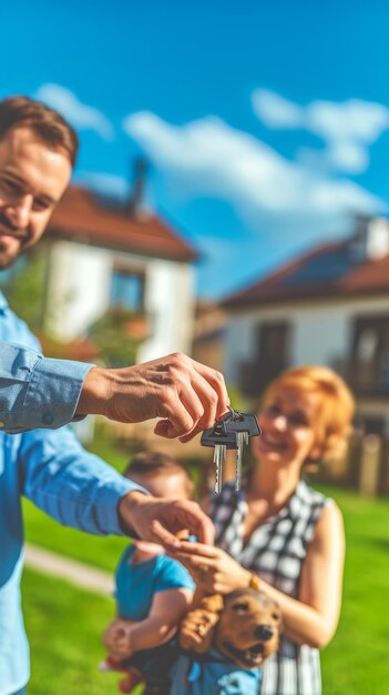 Foto um agente imobiliário masculino entrega as chaves de uma nova casa a um jovem casal com uma criança e um cão