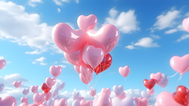 Um aglomerado de balões de coração rosa no céu azul ensolarado