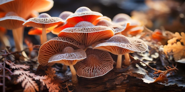 Um aglomerado de cogumelos selvagens se banha na luz suave do sol de outono