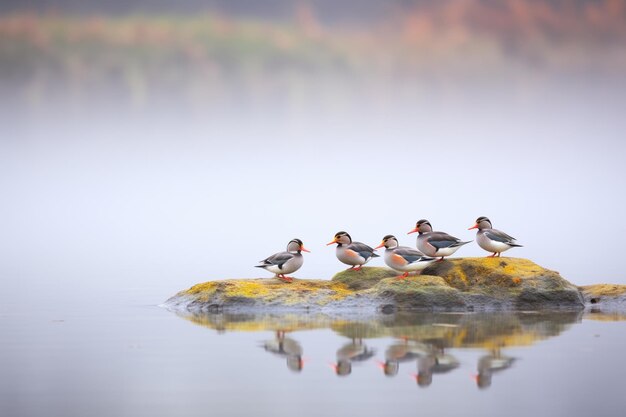 Um aglomerado de patos mallardos em uma lagoa de fazenda nebulosa