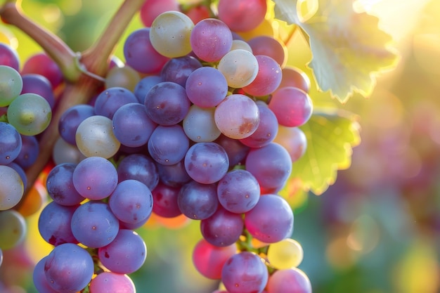 Um aglomerado de uvas fechadas em uma videira indica uma colheita abundante