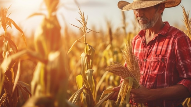 Um agricultor adulto maduro em pé de um milharal com os raios brilhantes do sol poente Negócios agrícolas O conceito de ocupação rural Espaço da cópia Banner Generative AI