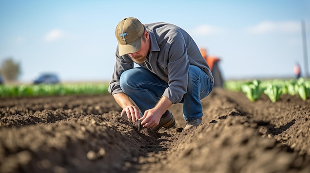 Um agricultor agrônomo está no campo a monitorar as culturas gerativas ai