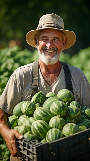 Um agricultor alegre carrega um grande contêiner cheio de melancia recém-colhida