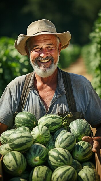 Um agricultor alegre carrega um grande contêiner cheio de melancia recém-colhida