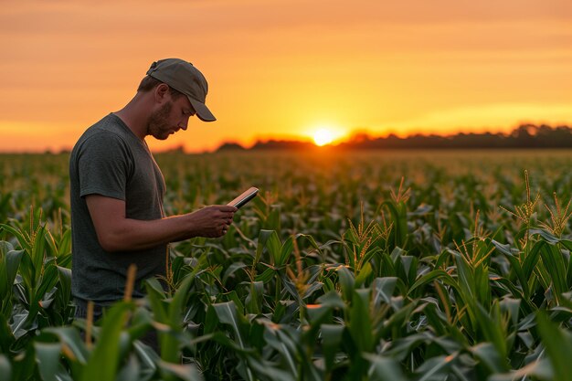 um agricultor atencioso verificando o crescimento das colheitas em um tablet digital durante o pôr do sol